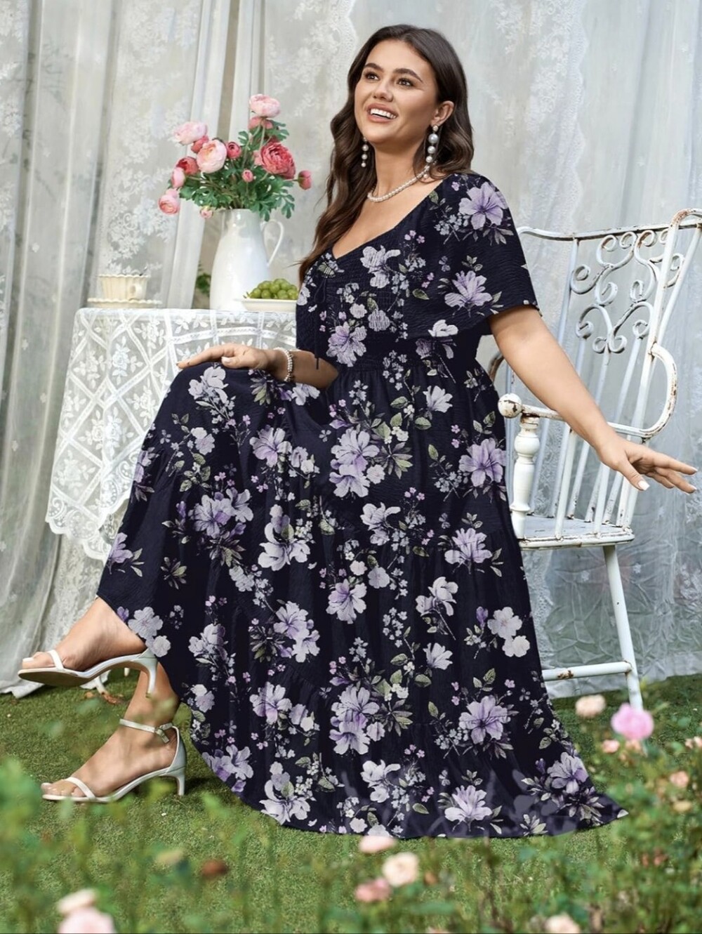 Plus Floral Maxi Dress in Navy with Lavender Blooms - Picture 4 of 4